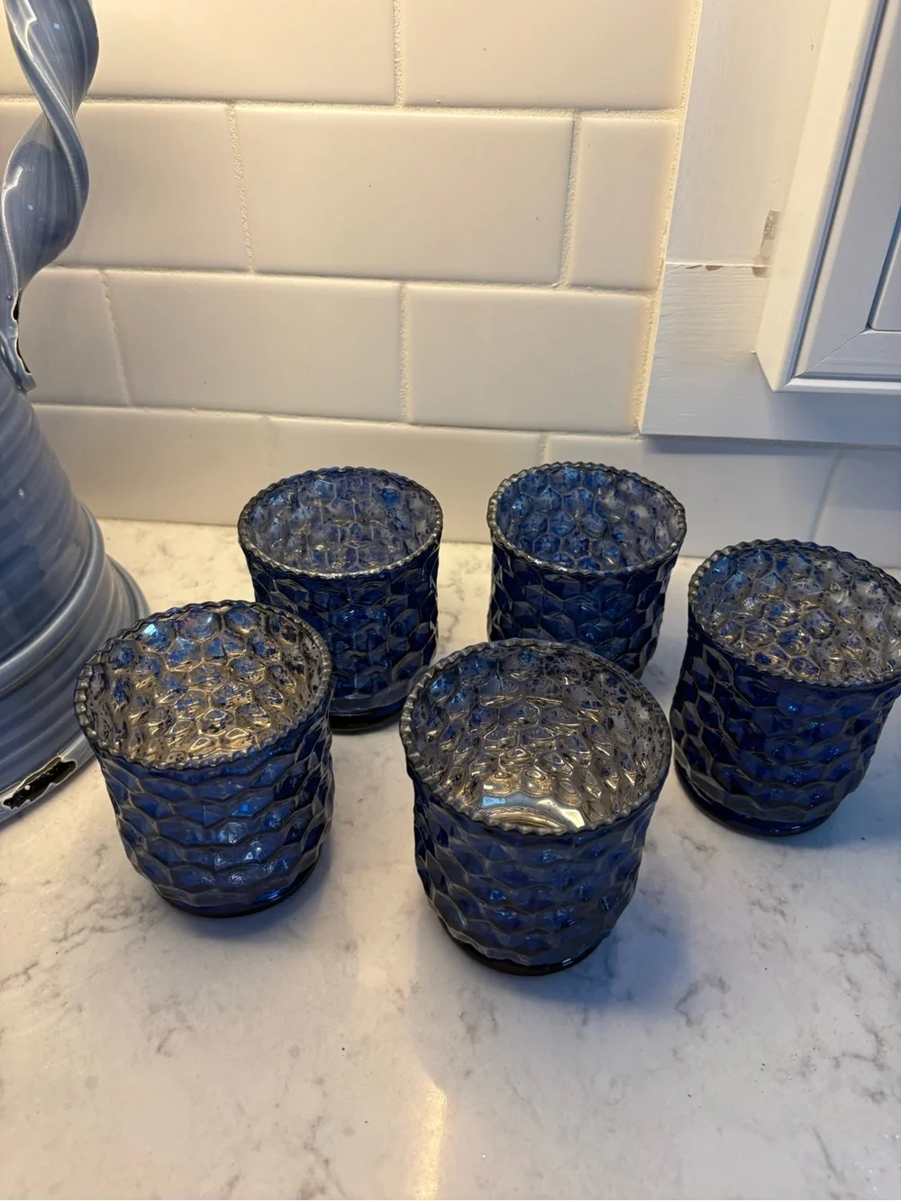 Set of 5 Blue Textured Glass votives - Home Accents